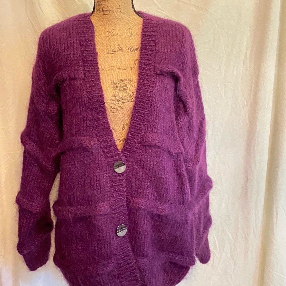 Vintage Chelsea Young mohair purple cardigan sweater, size L NWT